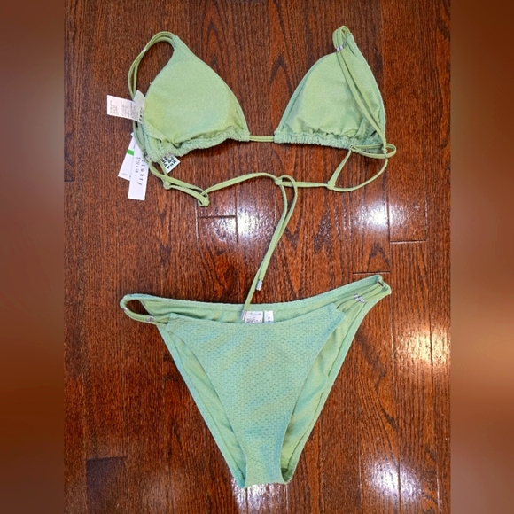 SANCTUARY SWIM Light Pastel Green Bikini Set Silver Sparkle Size L - Picture 7 of 7